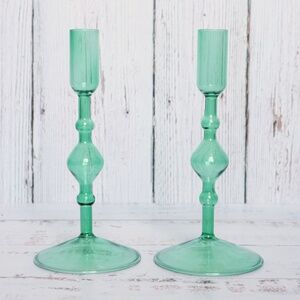 Poketo Blown Glass Green Candlestick Holders Pair (Set 2) 8" Eclectic Home Gift